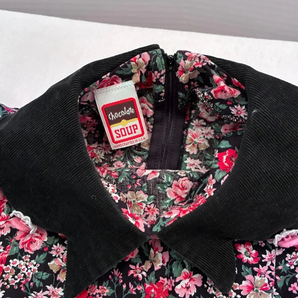Vintage Chocolate Soup Girls Floral Dress Black Corduroy Collar Pink Roses USA